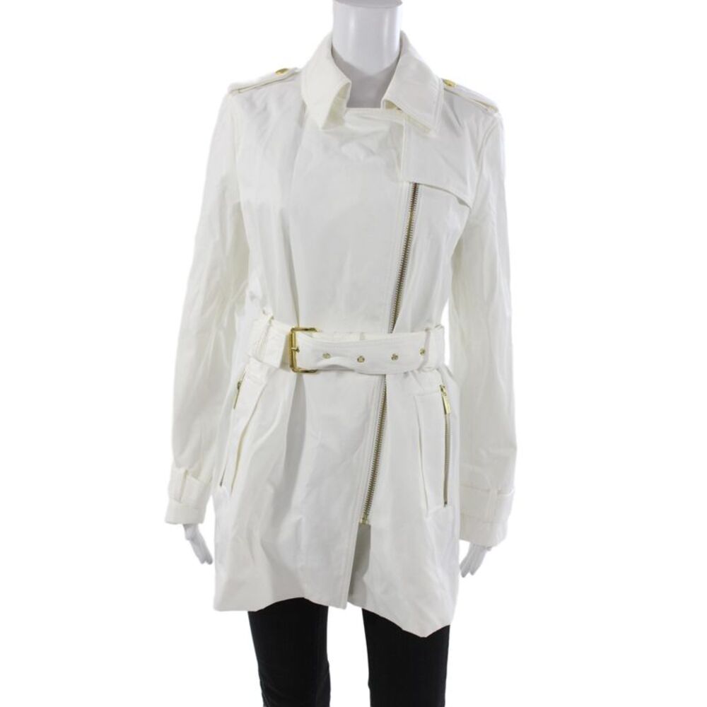 Michael Michael Kors Women Trench Coat White Zip Collared Long Sleeve Size M